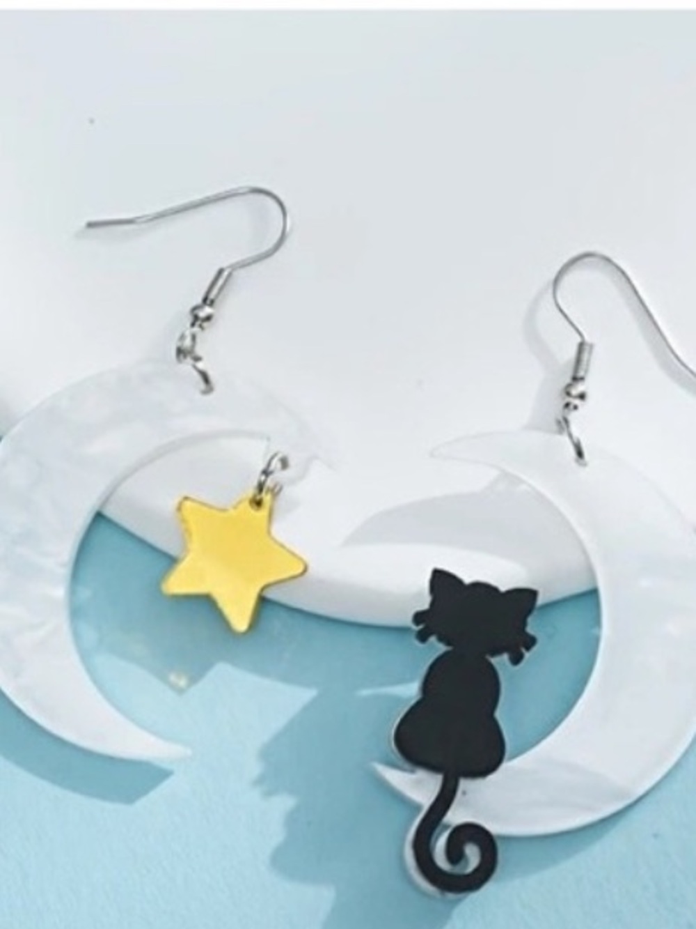 Unbranded White Moon & Black Cat Dangle Earrings for Pets & Fans NEW NWT